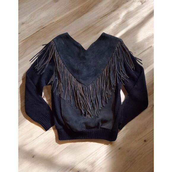 Vintage 70's-80's black suede leather fringe sweater by Pioneer Wear.